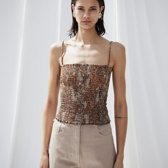 Nanushka Brown Animal Print Smocked Spaghetti Strap Matea Tube Top Party Club - Picture 3 of 10